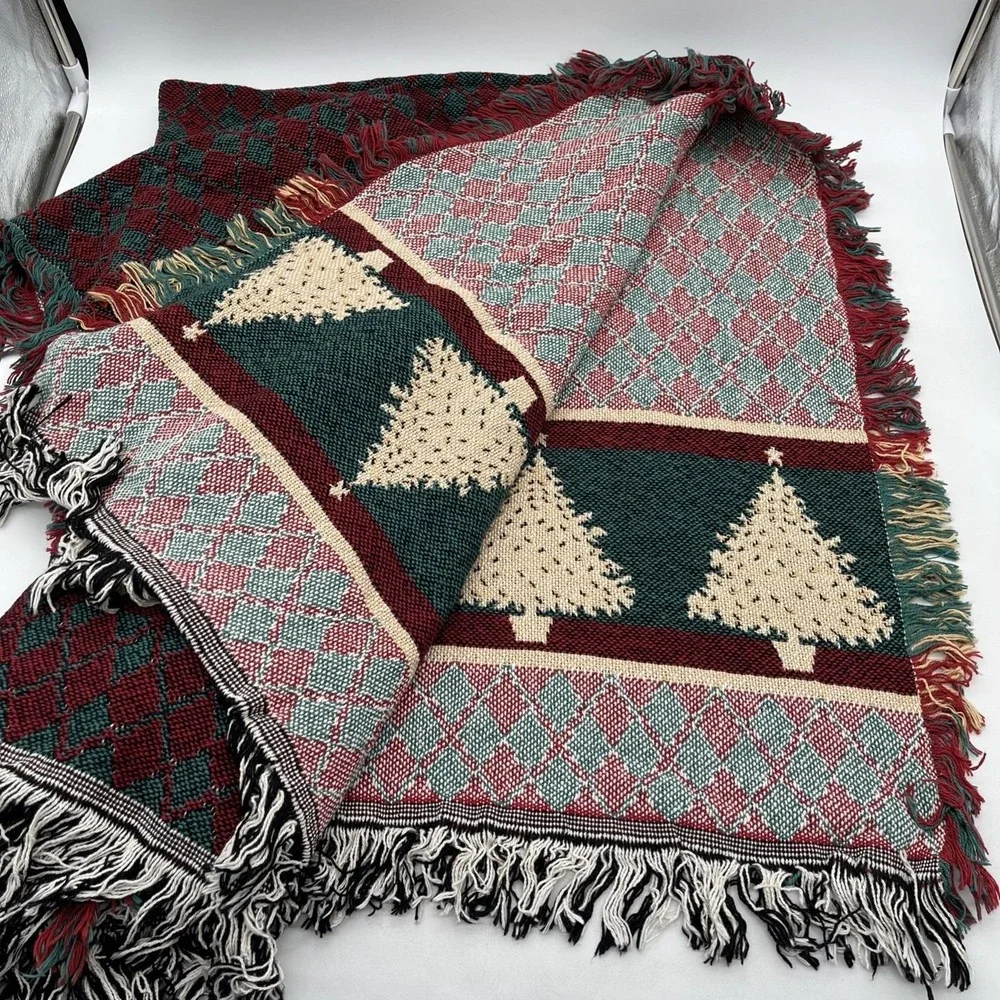 Vintage Fieldcrest Christmas Throw 50x60 in Cotton Woven Blanket Trees USA NOS
